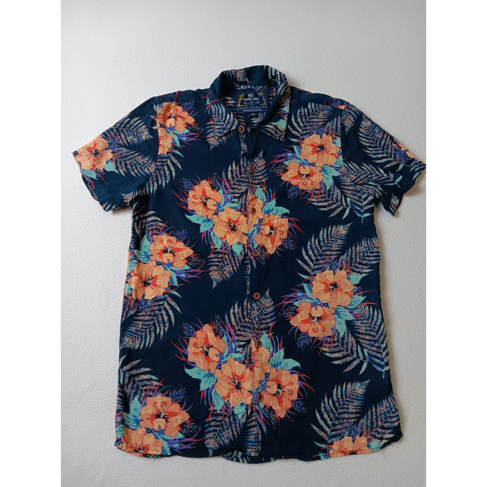 MBX Premium Goods Mens Navy Blue Tropical Floral Viscose Button Up Shirt Small